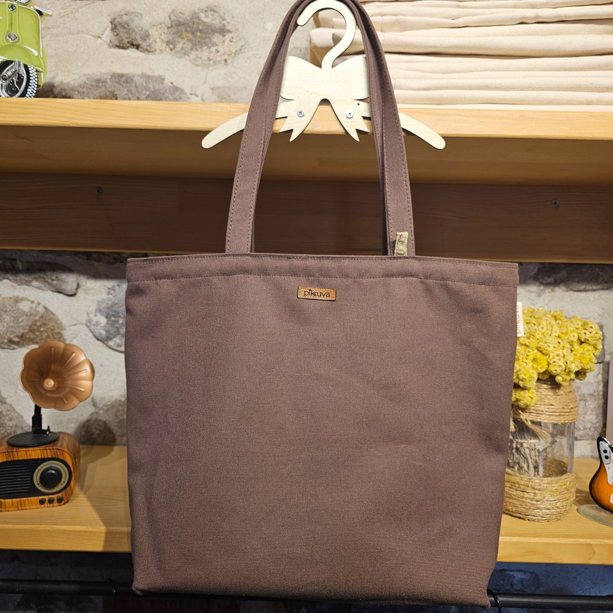 Model-5 Cat Blue Rigid Tote (Stiff Bag) - Fabric, 460g Canvas, Brown, Lining, Poplin, Light Green Ground with Yellow Flowers, Velcro, 2cm Width, Black, Zipper, Type-6 Bone, Dark Brown, Tag, Leather Pikkuva, Light Tan, Keychain image 2