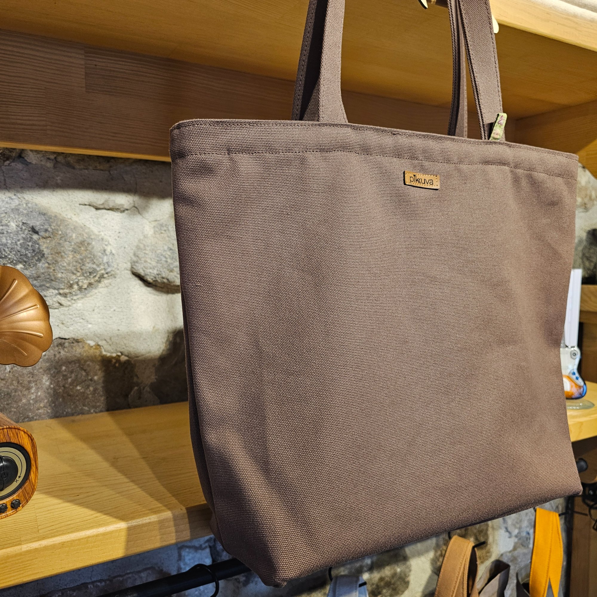 Model-5 Cat Blue Rigid Tote (Stiff Bag) - Fabric, 460g Canvas, Brown, Lining, Poplin, Light Green Ground with Yellow Flowers, Velcro, 2cm Width, Black, Zipper, Type-6 Bone, Dark Brown, Tag, Leather Pikkuva, Light Tan, Keychain image 4