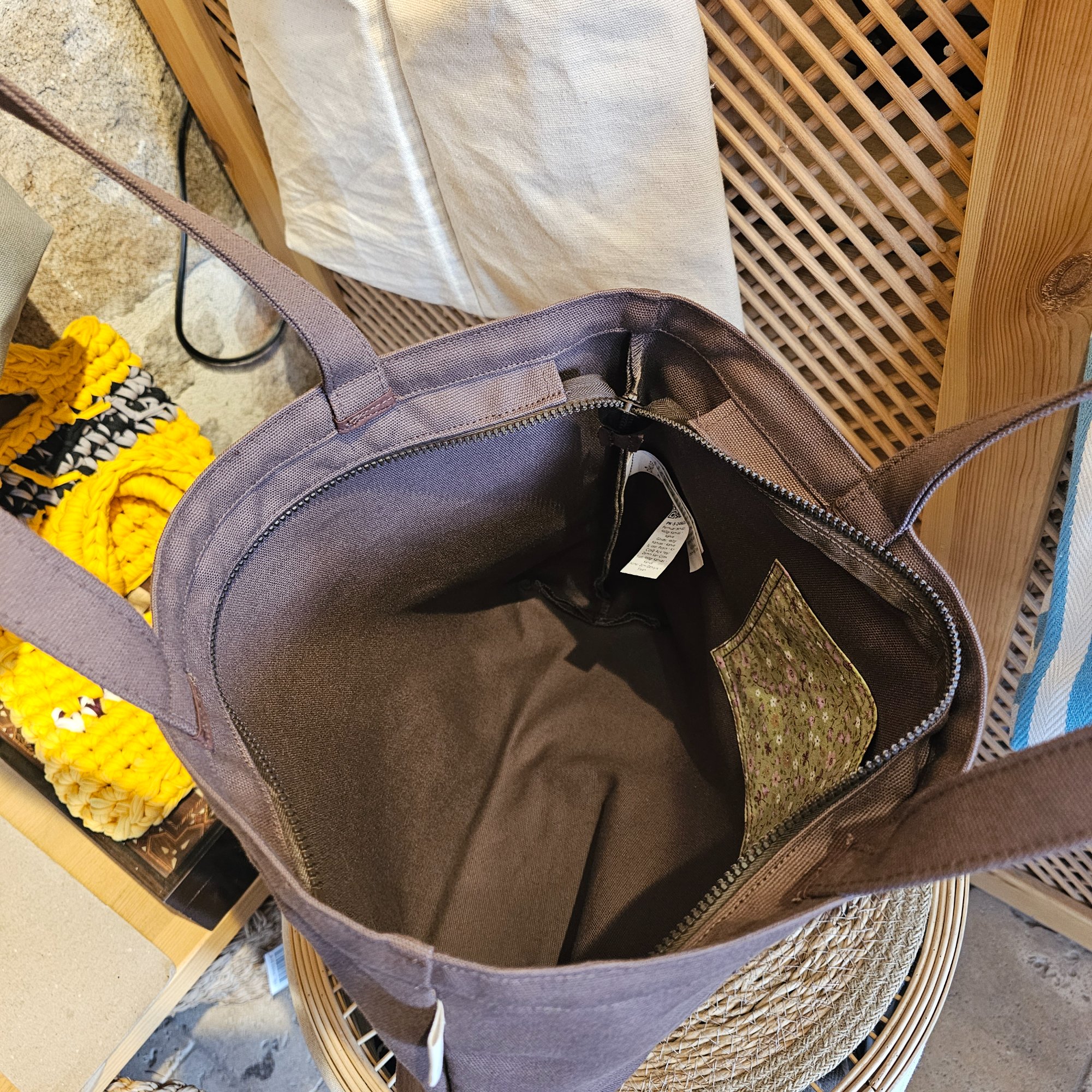 Model-5 Cat Blue Rigid Tote (Stiff Bag) - Fabric, 460g Canvas, Brown, Lining, Poplin, Light Green Ground with Yellow Flowers, Velcro, 2cm Width, Black, Zipper, Type-6 Bone, Dark Brown, Tag, Leather Pikkuva, Light Tan, Keychain image 7