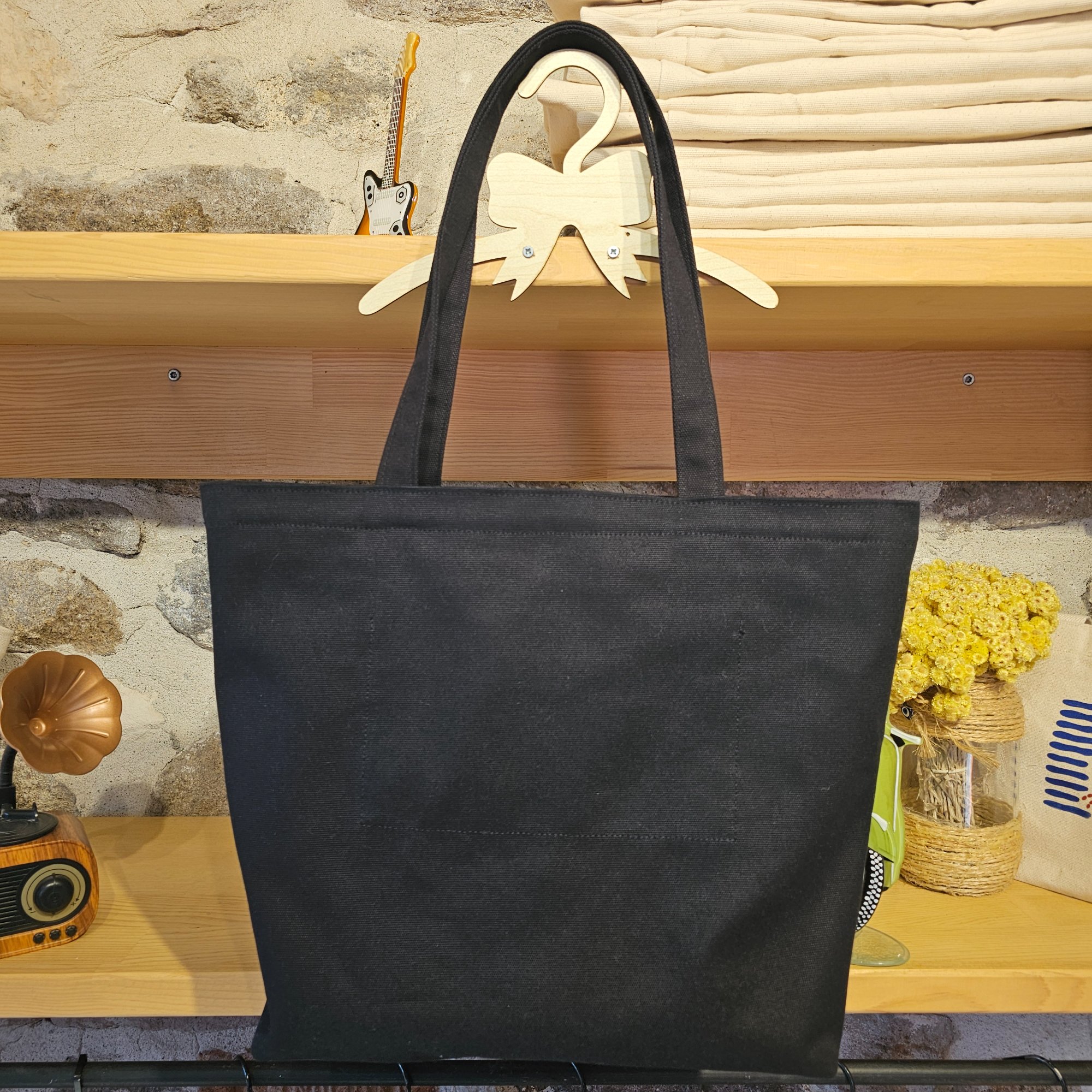 Black Handle Zippered Black Catbag Canvas Fabric Bag image 5