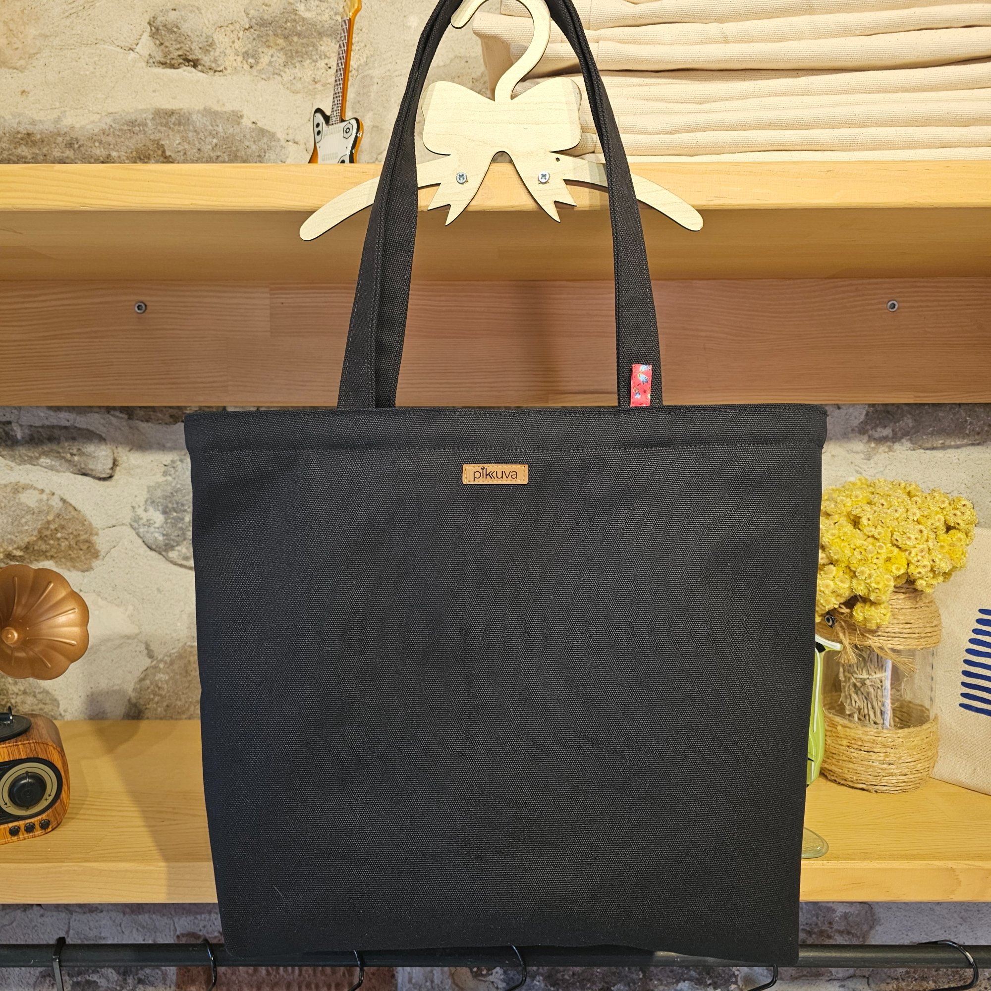 Black Handle Zippered Black Catbag Canvas Fabric Bag image 2