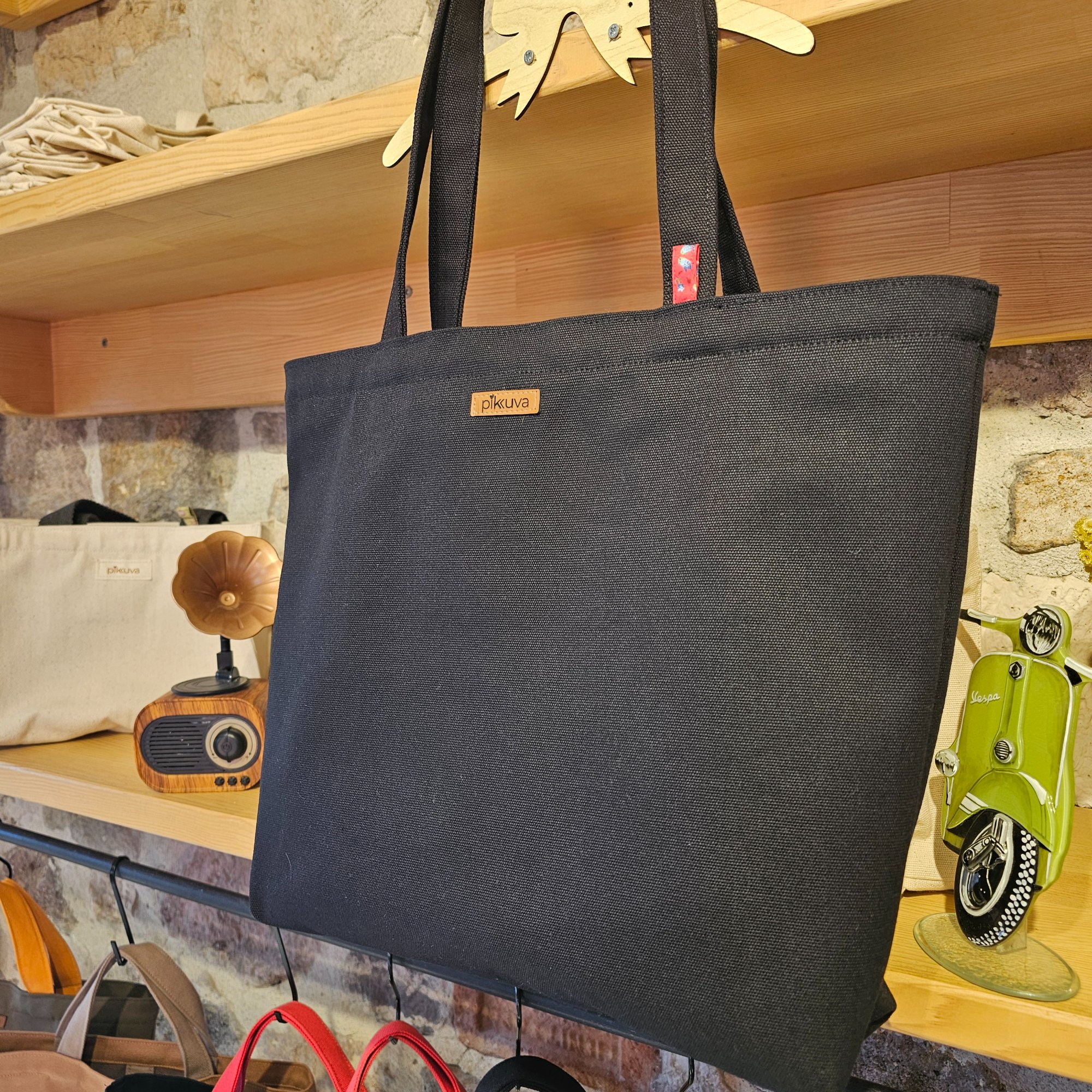 Black Handle Zippered Black Catbag Canvas Fabric Bag image 4