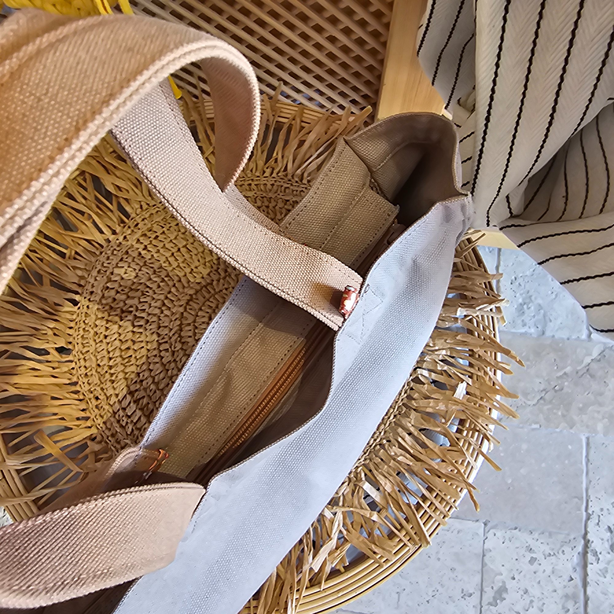 Camel Saplı Fermuarlı Bej Santorini Kanvas Bez Çanta image 6